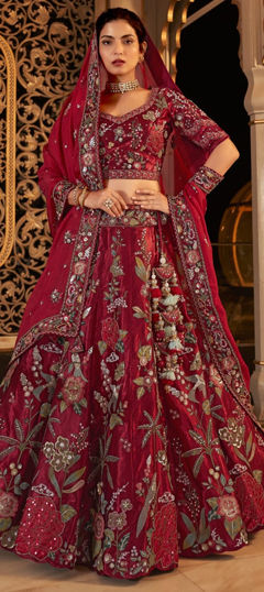 Bridal, Reception, Wedding Red and Maroon color Lehenga in Satin Silk fabric with Flared Bugle Beads, Patch, Sequence work : 1961316