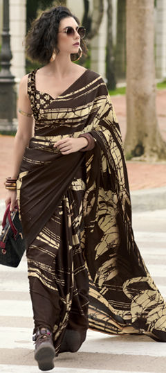 Beige and Brown color Saree in Satin Silk fabric with Printed work