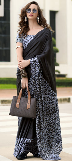 Casual, Party Wear Black and Grey color Saree in Satin Silk fabric with Classic Printed work : 1961339