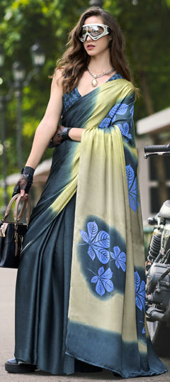 Black and Grey color Saree in Satin Silk fabric with Printed work