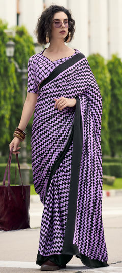 Black and Grey, Pink and Majenta color Saree in Satin Silk fabric with Printed work