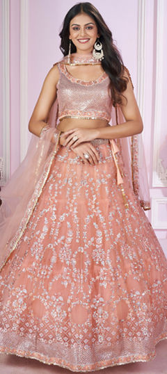 Bridal, Engagement, Wedding Pink and Majenta color Lehenga in Net fabric with Flared Embroidered, Resham, Sequence work : 1961367