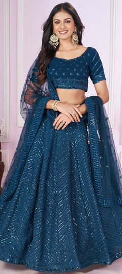 Bridal, Engagement, Wedding Blue color Lehenga in Georgette fabric with Flared Embroidered, Resham, Sequence work : 1961368