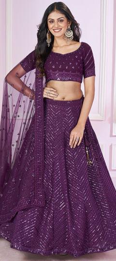 Bridal, Engagement, Wedding Purple and Violet color Lehenga in Georgette fabric with Flared Embroidered, Resham, Sequence, Thread work : 1961369