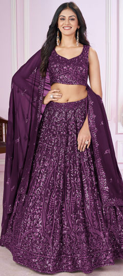 Bridal, Engagement, Wedding Purple and Violet color Lehenga in Georgette fabric with Flared Embroidered, Resham, Sequence, Thread work : 1961371