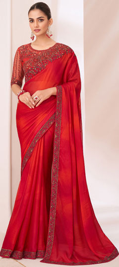 Red and Maroon color Saree in Chiffon fabric with Embroidered, Sequence, Stone, Thread work