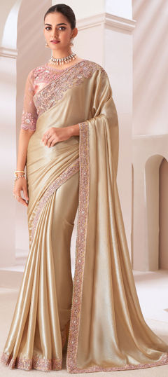 Engagement, Mehendi Sangeet, Wedding Beige and Brown color Saree in Chiffon fabric with Classic Embroidered, Sequence, Thread work : 1961377