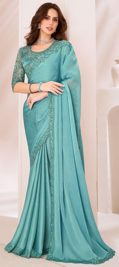 Blue color Saree in Georgette fabric with Embroidered, Sequence, Thread work