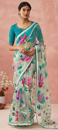 White and Off White color Saree in Silk fabric with Floral, Printed, Weaving work