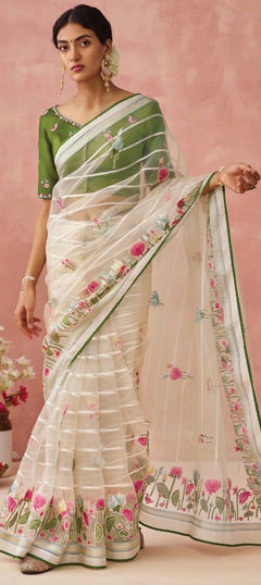 White and Off White color Saree in Silk fabric with Floral, Printed, Weaving work