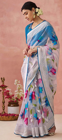 White and Off White color Saree in Silk fabric with Floral, Printed, Weaving work