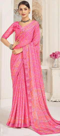 Pink and Majenta color Saree in Chiffon fabric with Bandhej, Printed work