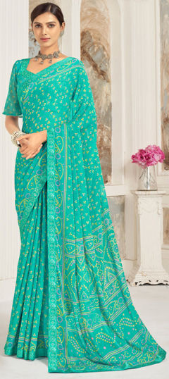 Green color Saree in Chiffon fabric with Bandhej, Printed work