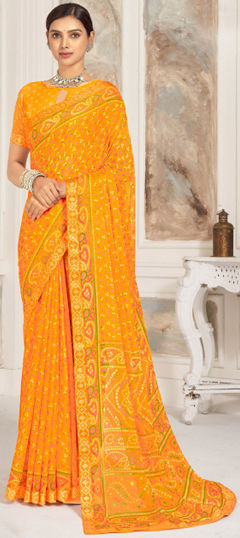 Yellow color Saree in Chiffon fabric with Bandhej, Printed work