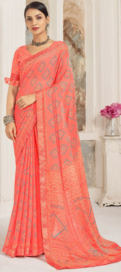 Pink and Majenta color Saree in Chiffon fabric with Bandhej, Printed work