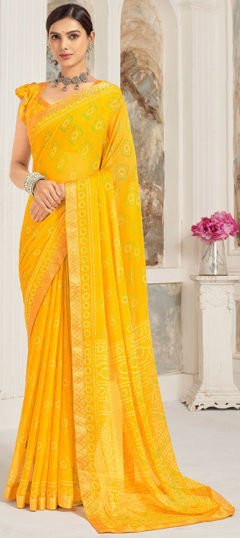 Yellow color Saree in Chiffon fabric with Bandhej, Printed work