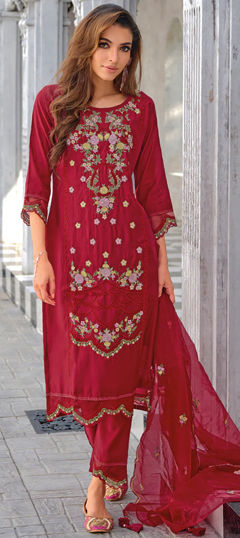Red and Maroon color Salwar Kameez in Viscose fabric with Embroidered, Resham, Sequence, Thread work