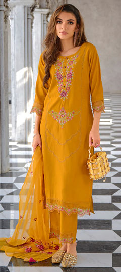 Yellow color Salwar Kameez in Viscose fabric with Embroidered, Resham, Sequence, Thread work