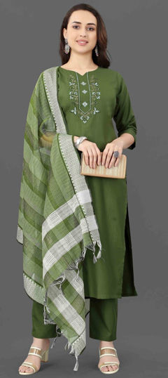 Green color Salwar Kameez in Blended Cotton fabric with Embroidered, Thread work