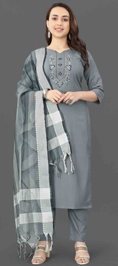 Black and Grey color Salwar Kameez in Blended Cotton fabric with Embroidered, Thread work