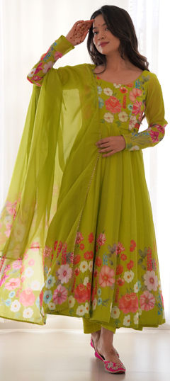 Yellow color Salwar Kameez in Organza Silk fabric with Floral, Printed work