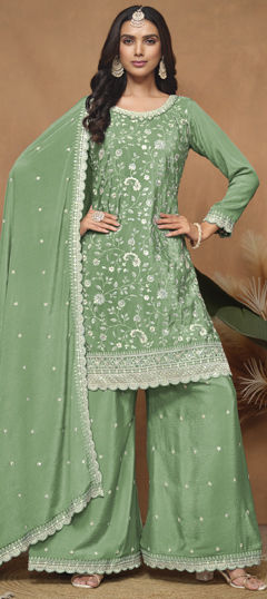 Green color Salwar Kameez in Silk fabric with Embroidered, Resham, Sequence, Thread work