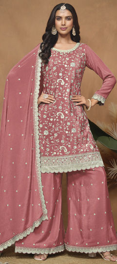 Red and Maroon color Salwar Kameez in Silk fabric with Embroidered, Resham, Sequence, Thread work