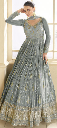 Festive, Reception, Wedding Black and Grey color Gown in Viscose fabric with Embroidered, Sequence, Thread work : 1961480