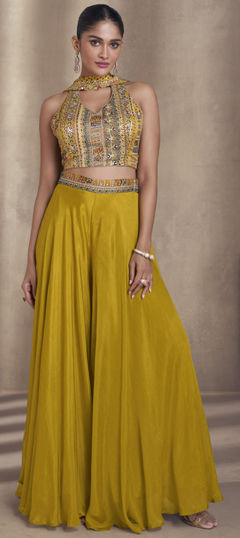 Festive, Mehendi Sangeet, Reception Yellow color Salwar Kameez in Silk fabric with Palazzo Embroidered, Thread work : 1961482