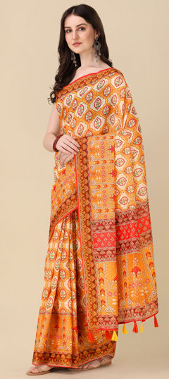 Summer Orange color Saree in Linen fabric with Bengali Digital Print work : 1961505