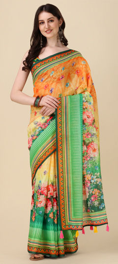 Summer Multicolor color Saree in Linen fabric with Bengali Digital Print, Floral work : 1961509