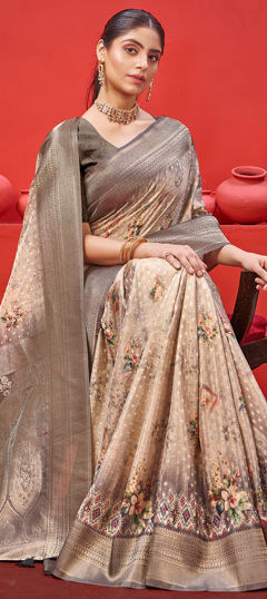 White and Off White color Saree in Georgette fabric with Floral, Printed, Weaving work