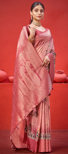 Pink and Majenta color Saree in Georgette fabric with Floral, Printed, Weaving work