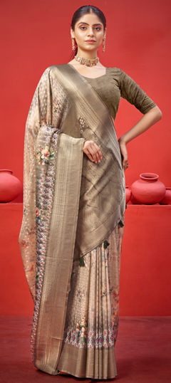 White and Off White color Saree in Georgette fabric with Floral, Printed, Weaving work