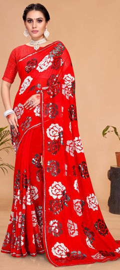 Red and Maroon color Saree in Georgette fabric with Sequence work