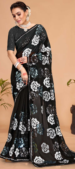 Black and Grey color Saree in Georgette fabric with Sequence work