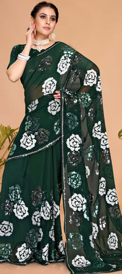 Green color Saree in Georgette fabric with Sequence work