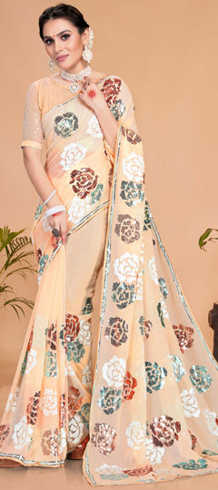 Beige and Brown color Saree in Georgette fabric with Sequence work