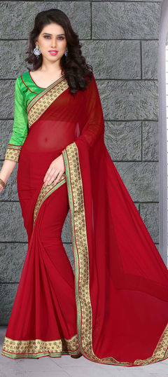 Red and Maroon color Saree in Bemberg, Faux Georgette fabric with Border, Embroidered, Stone, Zari work