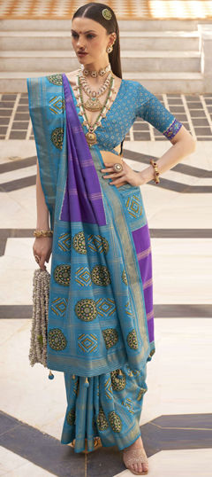 Blue, Purple and Violet color Saree in Silk fabric with Foil Print, Weaving work