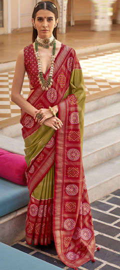 Green, Red and Maroon color Saree in Silk fabric with Foil Print, Weaving work