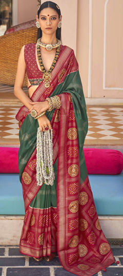 Green, Red and Maroon color Saree in Silk fabric with Foil Print, Weaving work