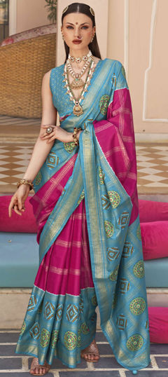 Blue, Pink and Majenta color Saree in Silk fabric with Foil Print, Weaving work