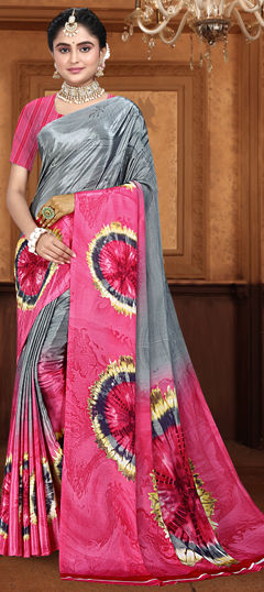 Black and Grey, Pink and Majenta color Saree in Crepe Silk fabric with Printed work