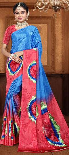 Blue, Pink and Majenta color Saree in Crepe Silk fabric with Printed work