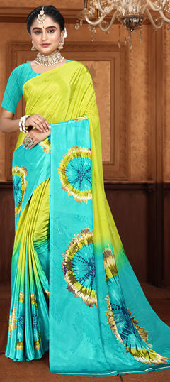 Blue, Yellow color Saree in Crepe Silk fabric with Printed work