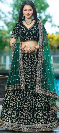 Green color Lehenga in Velvet fabric with Embroidered, Thread work