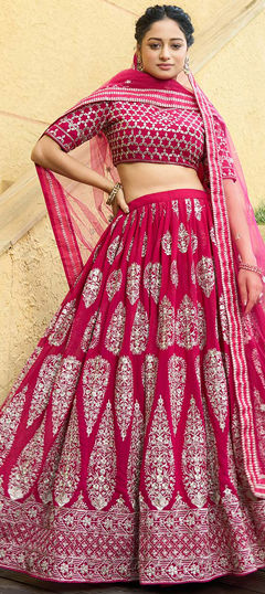 Red and Maroon color Lehenga in Faux Georgette fabric with Embroidered, Sequence, Thread, Zari work