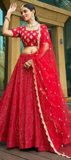 Red and Maroon color Lehenga in Faux Georgette fabric with Embroidered, Sequence, Thread work