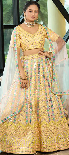 Yellow color Lehenga in Silk fabric with Embroidered, Sequence, Thread, Zari work